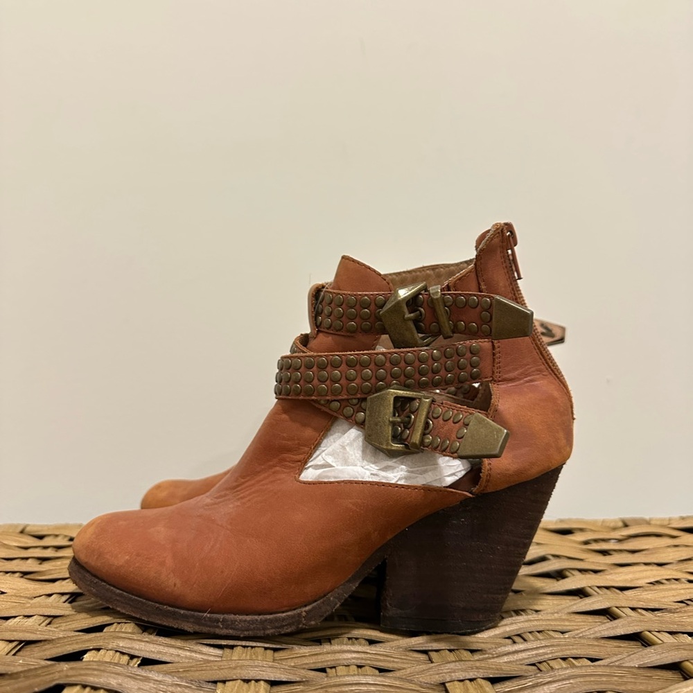 Jeffrey Campbell Tan Leather Studded Buckle Ankle Boots